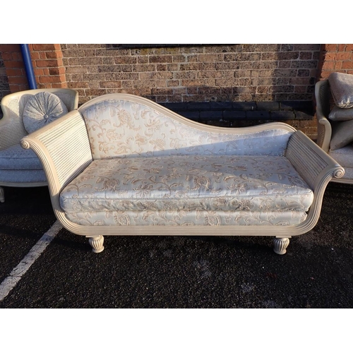 808 - A PAIR OF REGENCY STYLE BERGERE ARMCHAIRS, AND SIMILAR CHAISE LONGUE

with similar upholstery and tu... 