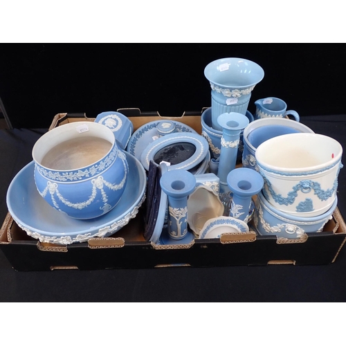 86 - A COLLLECTION OF JASPERWARE

including cache-pots, photo frames, candlesticks, boxes etc