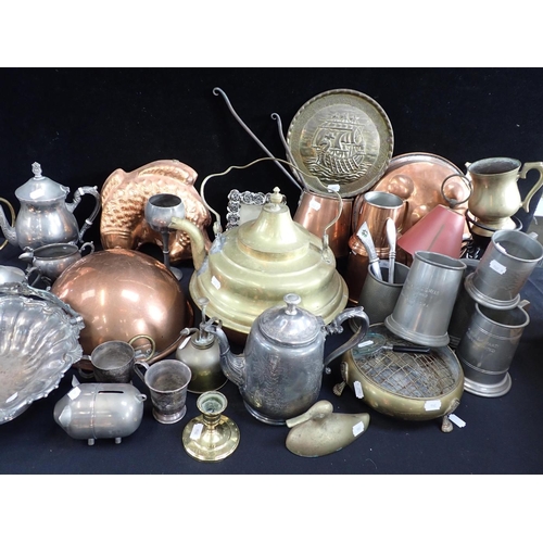 88 - A QUANTITY OF METAL WARE

including a French copper egg whisking bowl, a brass kettle silver-plated ... 