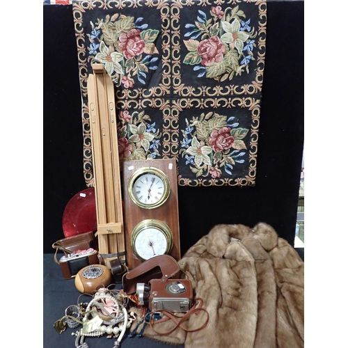 91 - A REPRODUCTION CLOCK/BAROMETER

a fur jacket, an Agfa camera, an easel, a few chunky jewellery items... 