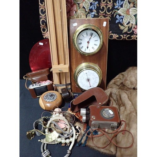 91 - A REPRODUCTION CLOCK/BAROMETER

a fur jacket, an Agfa camera, an easel, a few chunky jewellery items... 