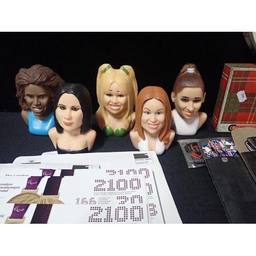 98 - FIVE SPICE GIRLS RUBBER HEAD DOG TOYS

with a collection of darts and flights, a brass cribbage boar... 