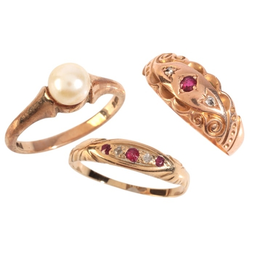 12 - THREE GEM-SET RINGS

including a ruby and diamond ring in 15ct rose gold; together with a ruby and d... 