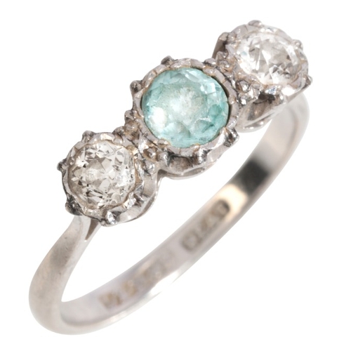 13 - A ZIRCON AND DIAMOND THREE STONE RING

in platinum, set with a round cut zircon, flanked by old Euro... 