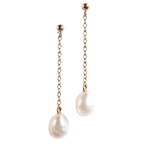 175 - A PAIR OF PEARL DROP EARRINGS

in 9ct gold, each comprising a gold stud, suspending a chain, termina... 