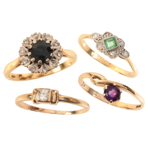 19 - FOUR GEM-SET RINGS

including a sapphire and diamond cluster ring in 18ct gold, set with a round cut... 