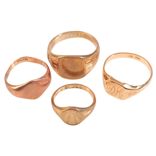 2 - FOUR SIGNET RINGS

in 9 and 18ct gold, (c.2.0g gross 18ct gold weight; c.9.4g gross 9ct gold weight)... 