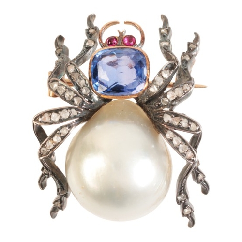 206 - AN ANTIQUE CEYLON NO HEAT SAPPHIRE, PEARL AND DIAMOND SPIDER BROOCH

in silver on gold, set with a c... 