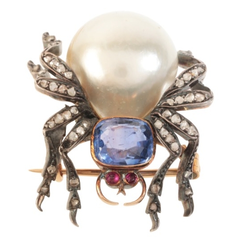 206 - AN ANTIQUE CEYLON NO HEAT SAPPHIRE, PEARL AND DIAMOND SPIDER BROOCH

in silver on gold, set with a c... 