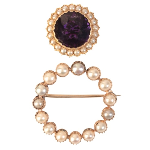 233 - AN ANTIQUE AMETHYST AND PEARL BROOCH

in 15ct gold, set with a round cut amethyst of c.5.08 carats, ... 