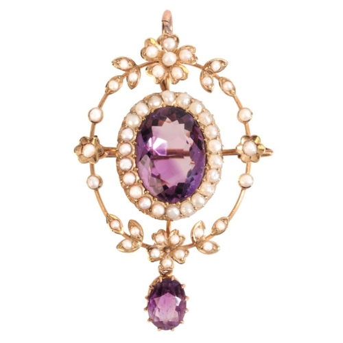 237 - AN ANTIQUE AMETHYST AND PEARL PEDANT / BROOCH

in 15ct gold, set to the centre with an oval cut amet... 