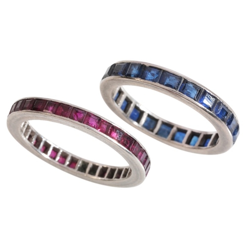 28 - MATCHING RUBY AND SAPPHIRE ETERNITY RINGS

in 18ct white gold, set respectively with calibré cut rub... 