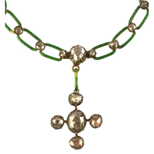 296 - AN ANTIQUE ENAMEL AND DIAMOND NECKLACE

in 15ct gold, comprising a series of open links, decorated t... 