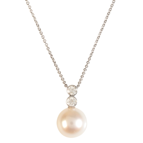 322 - A PEARL AND DIAMOND PENDANT NECKLACE

in 9ct white gold, set with a cultured pearl of c.9.8mm below ... 