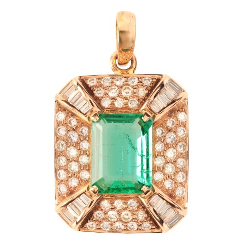 326 - AN EMERALD AND DIAMOND PENDANT

in 18ct gold, set with a step cut emerald of c.2.82 carats to a geom... 