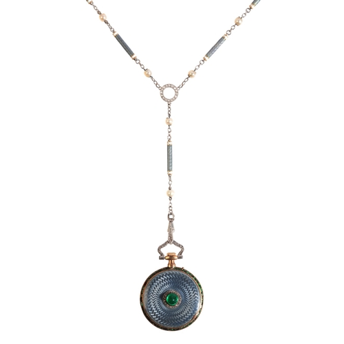 343 - A BELLE ÉPOQUE EMERALD AND DIAMOND WATCH PENDANT NECKLACE

in 18ct gold, gilt dial with painted Arab... 