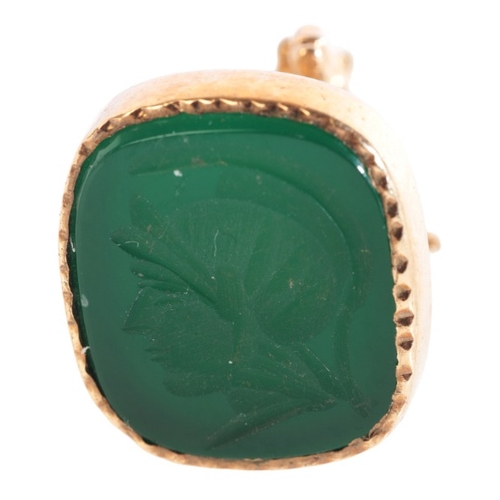 352 - A VINTAGE ST. GEORGE & THE DRAGON CHRYSOPRASE FOB PENDANT

in 9ct gold, depicting a scene of St. Geo... 