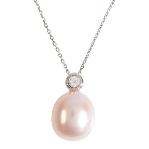 355 - A PEARL AND DIAMOND PENDANT NECKLACE

in sterling silver, set with a cultured pearl of c.13.6mm, sur... 