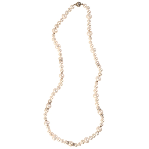 356 - A PEARL AND DIAMOND NECKLACE

comprising a single row of cultured pearls, accented by 14ct gold spac... 