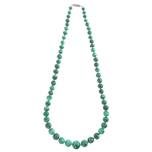 358 - A MALACHITE BEAD NECKLACE

comprising a single row of malachite beads graduating from c.5.8-14.5mm, ... 