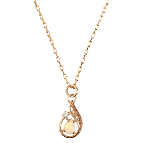 360 - AN OPAL AND DIAMOND PENDANT NECKLACE

in 9ct gold, set with a pear shaped opal cabochon, held in a c... 