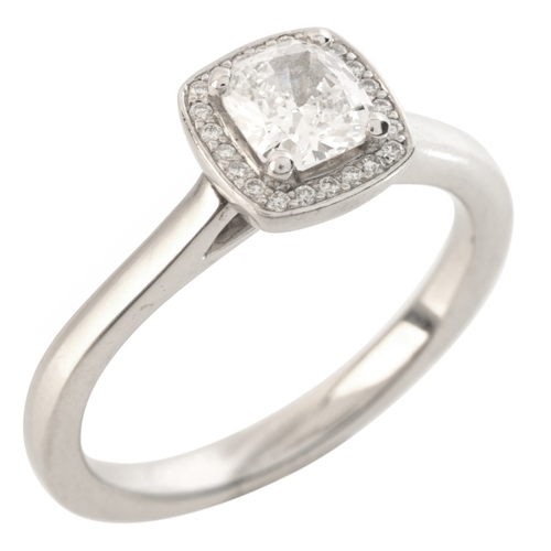 54 - A D COLOUR VS2 CLARITY DIAMOND HALO ENGAGEMENT RING

in platinum, set with a cushion cut diamond of ... 