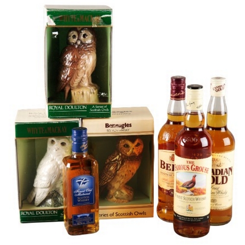 724 - THREE ROYAL DOULTON 'SCOTTISH OWLS' WHISKY DECANTERS

two Whyte & Mackay, the other Beneagles, all b... 