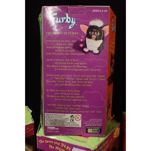 131 - SIX BOXED 1998 ORGINAL FURBIES

including tagged Furby originals Roster Red and Gorilla (some damage... 