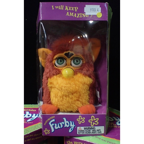 131 - SIX BOXED 1998 ORGINAL FURBIES

including tagged Furby originals Roster Red and Gorilla (some damage... 