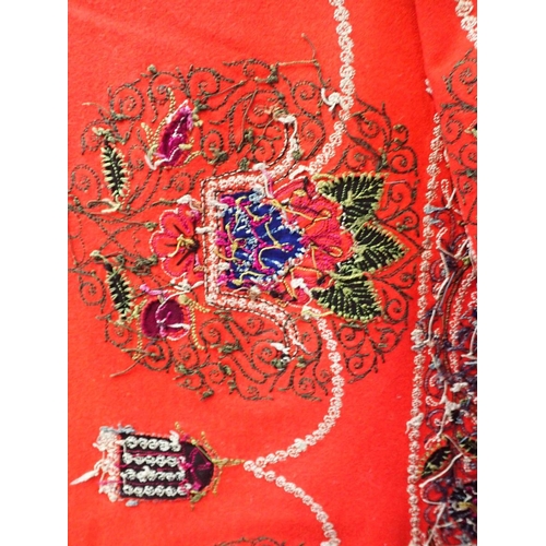 189 - TWO HEAVILY EMBROIDERED RED FELT CLOTHS

possibly near Eastern/Ottoman Empire 153 x 155cm and 133 x ... 