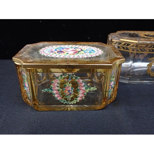 201 - A PAINTED AND GILT GLASS BOX

with concave corners and floral decoration  14cm wide, another similar... 