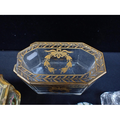 201 - A PAINTED AND GILT GLASS BOX

with concave corners and floral decoration  14cm wide, another similar... 