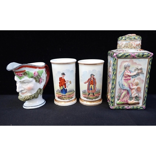 206 - A BACCHUS JUG , A NAPLES STYLE PAINTED TEA CADDY

with a pair of spill vases