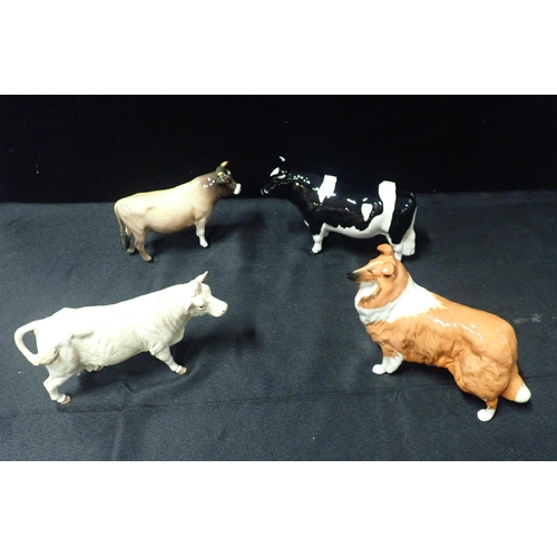 218 - THREE BESWICK POTTERY FIGURES OF BULLS

comprising Friesian, Charolais and Jersey 'Dunsley Coy Boy' ... 