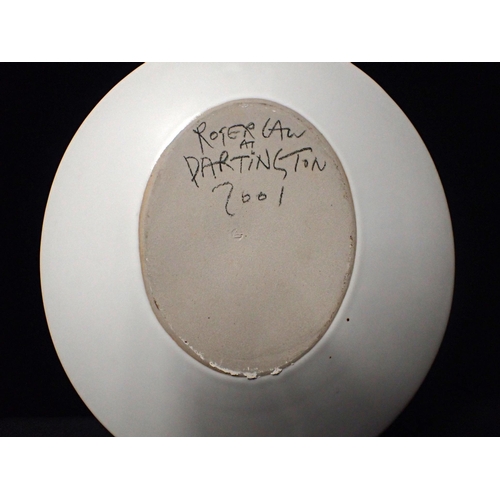 222 - AN OVAL DISH BY ROGER LAW AT DARTINGTON

(of Fluck and Law, 'Spitting Image'  fame), painted with a ... 