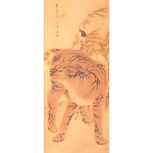 242 - JAPANESE SCHOOL, 19TH/20TH CENTURY, TWO SCROLLS

one depicting a tiger, inscribed and with seal mark... 