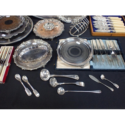 261 - A COLLECTION OF SILVER-PLATED TRAYS, SALVERS

bone handled knives (boxed) and other plated items