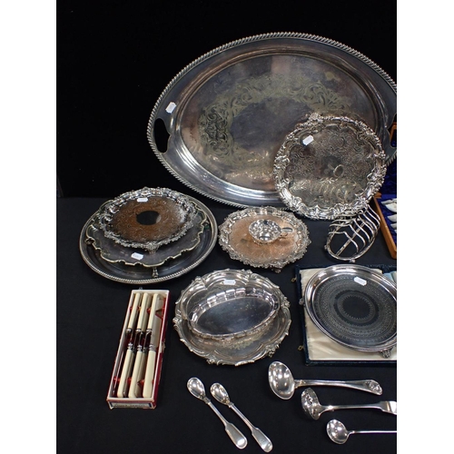 261 - A COLLECTION OF SILVER-PLATED TRAYS, SALVERS

bone handled knives (boxed) and other plated items