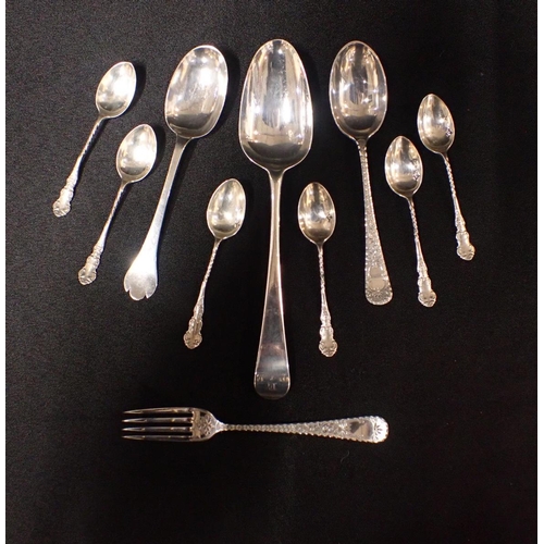 292 - QUANTITY OF SILVER SPOONS

including George II Hanoverian marks.