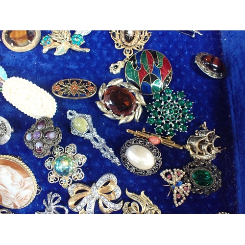 336 - A COLLECTION OF VINTAGE BROOCHES

including a butterfly brooch, contained in a glazed display case