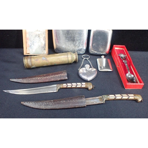 356 - A WYNNE'S INFALLIBLE PHOTOGRAPHIC PRINT METER

two small Eastern knives, plated hip flasks and other... 