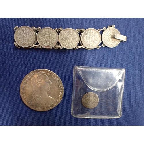 367 - A COLLECTION OF SILVER COINS, SOME MOUNTED

Thalers, a hammered coin, and 'Guinea' counters