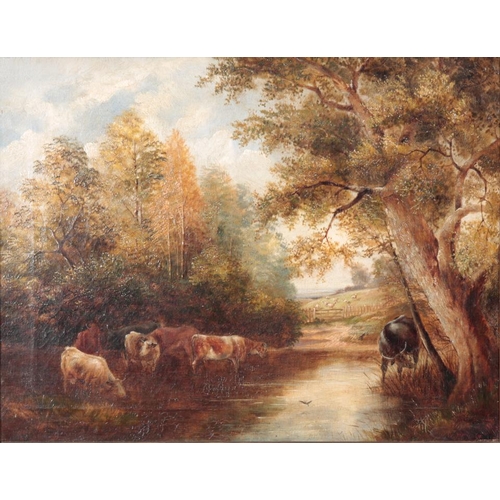 463 - ENGLISH SCHOOL, 19TH CENTURY Cattle watering in woodland ford

indistinctly signed lower right, oil ... 