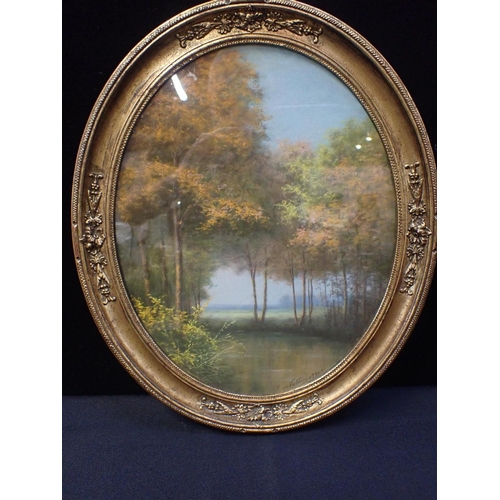 471 - R. DE VALENS A Woodland Stream

signed and dated 1930, pastel, oval 40cm x 31cm, gilt frame