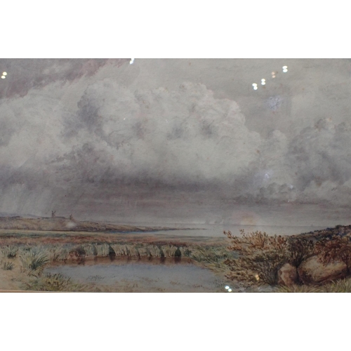 507 - A 19th CENTURY WATERCOLOUR COASTAL SCENE

with windmills, beneath a cloudy sky, gilt frame 37 x 44cm... 