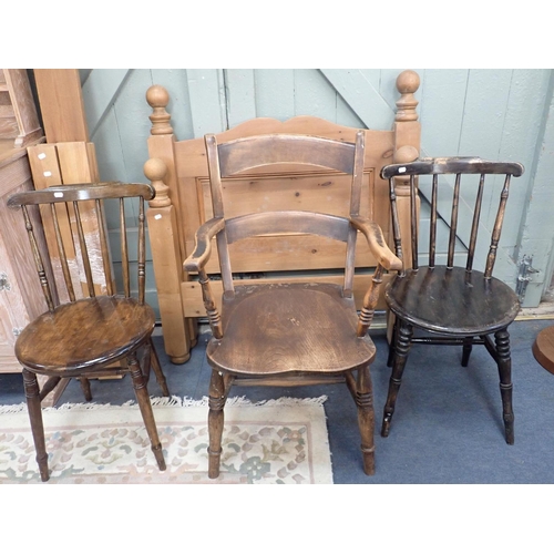 547 - A 19th CENTURY  BEECH AND ELM ARMCHAIR

two similar stick back chairs with round seats, and a single... 