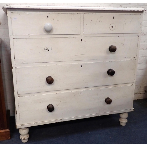 551 - A VICTORIAN PAINTED PINE CHEST OF DRAWERS

on turned feet 102cm wide (some knobs missing, damage top... 