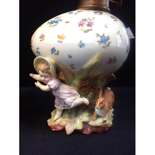 70 - A 19TH CENTURY KPM PORCELAIN 'EGG' TABLE OIL LAMP

the egg shaped reservoir painted with flowers, su... 