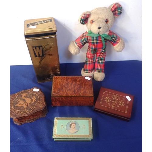 73 - A BURRWOOD CIGARETTE BOX, OTHER BOXES

vintage tins and a sheepskin teddy bear