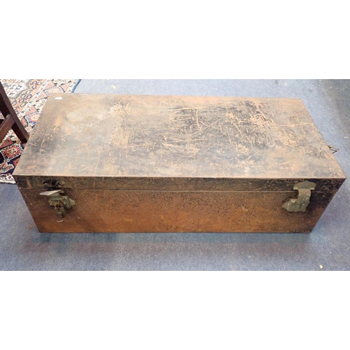 76 - A LARGE TIN TRUNK

100 cms long, 30 high, with a wooden tool box